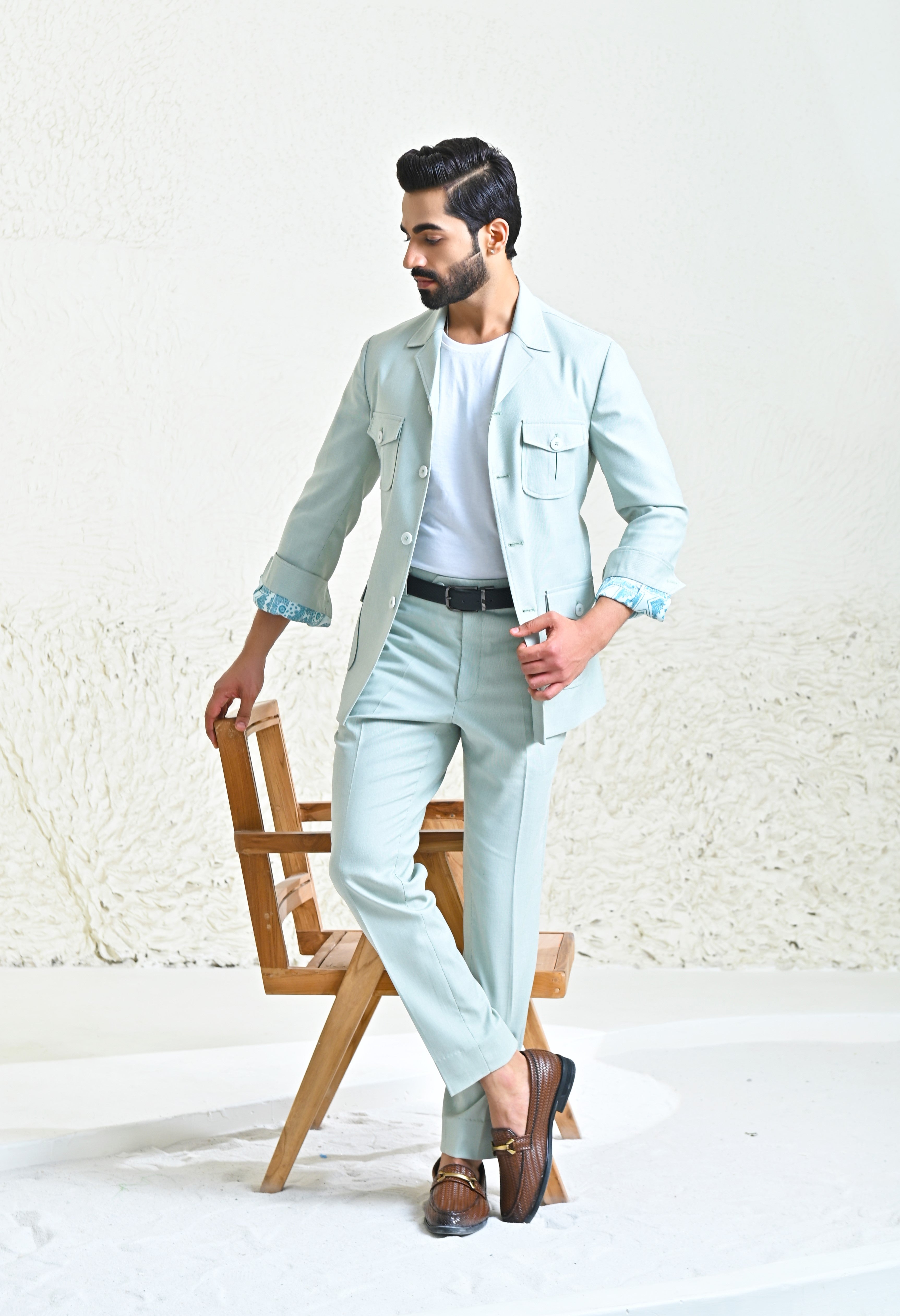 Sea Green Linen Blend Men's co-ord set with belt