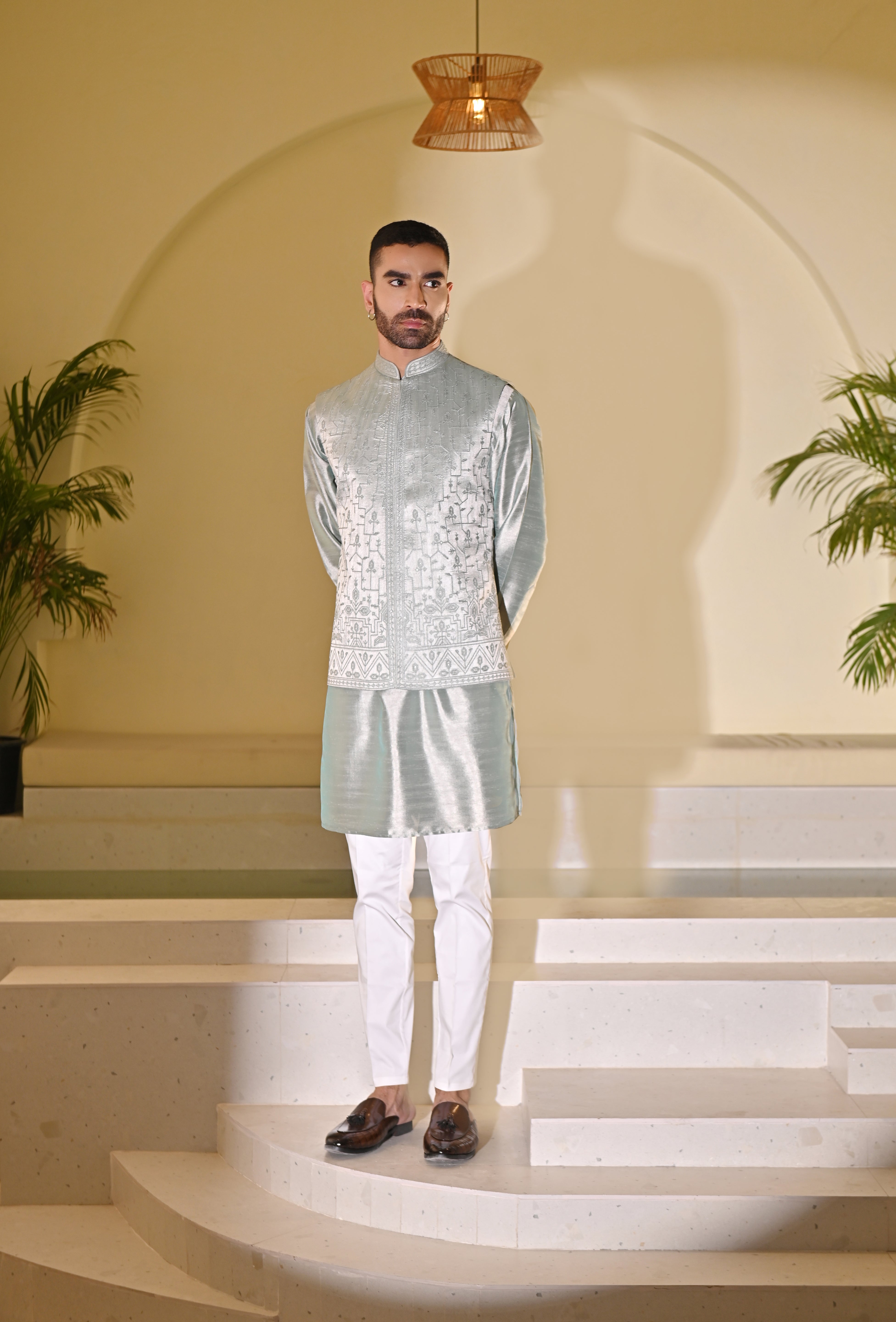 Mint green Embroidered Kurta Bundi Set