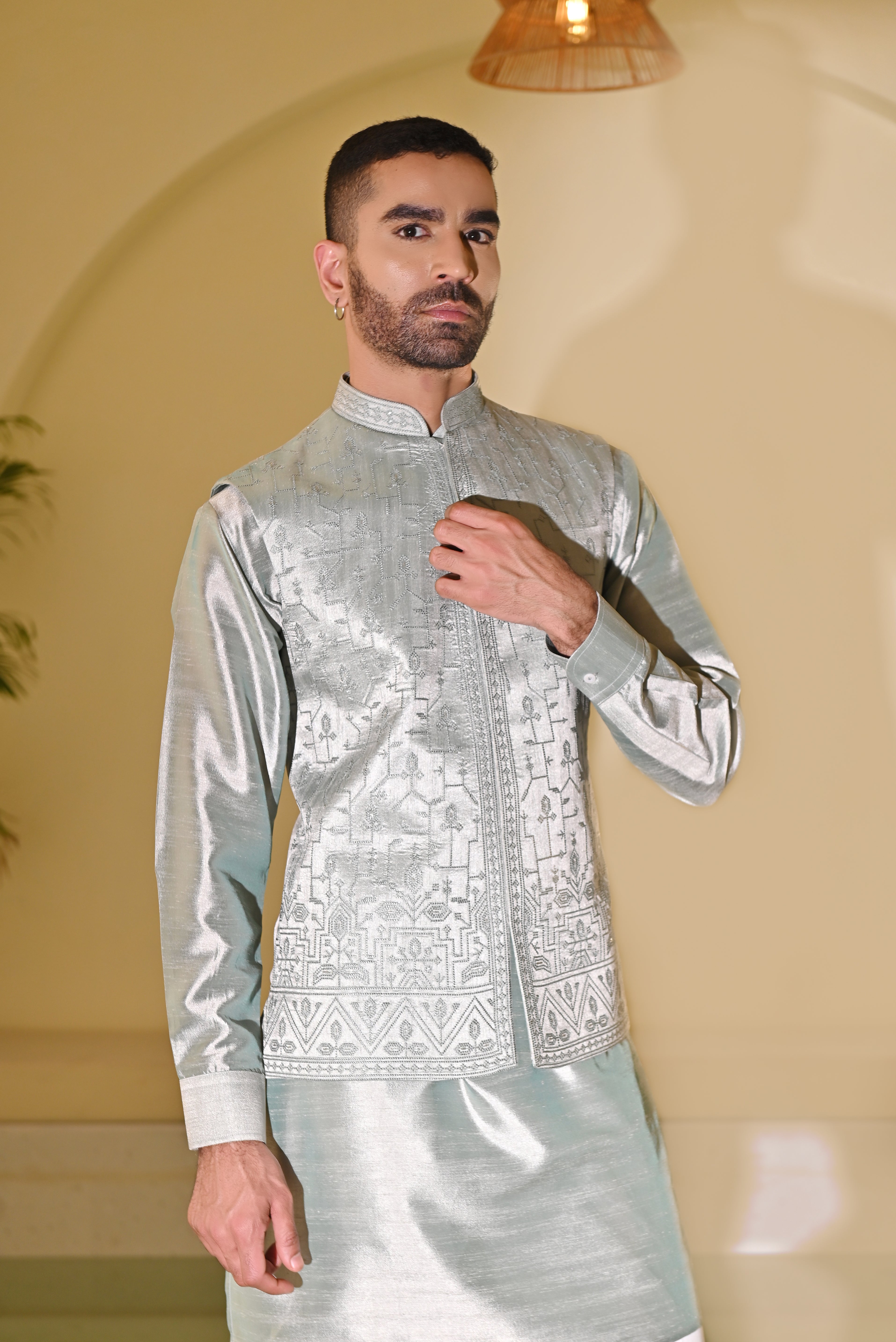 Mint green Embroidered Kurta Bundi Set