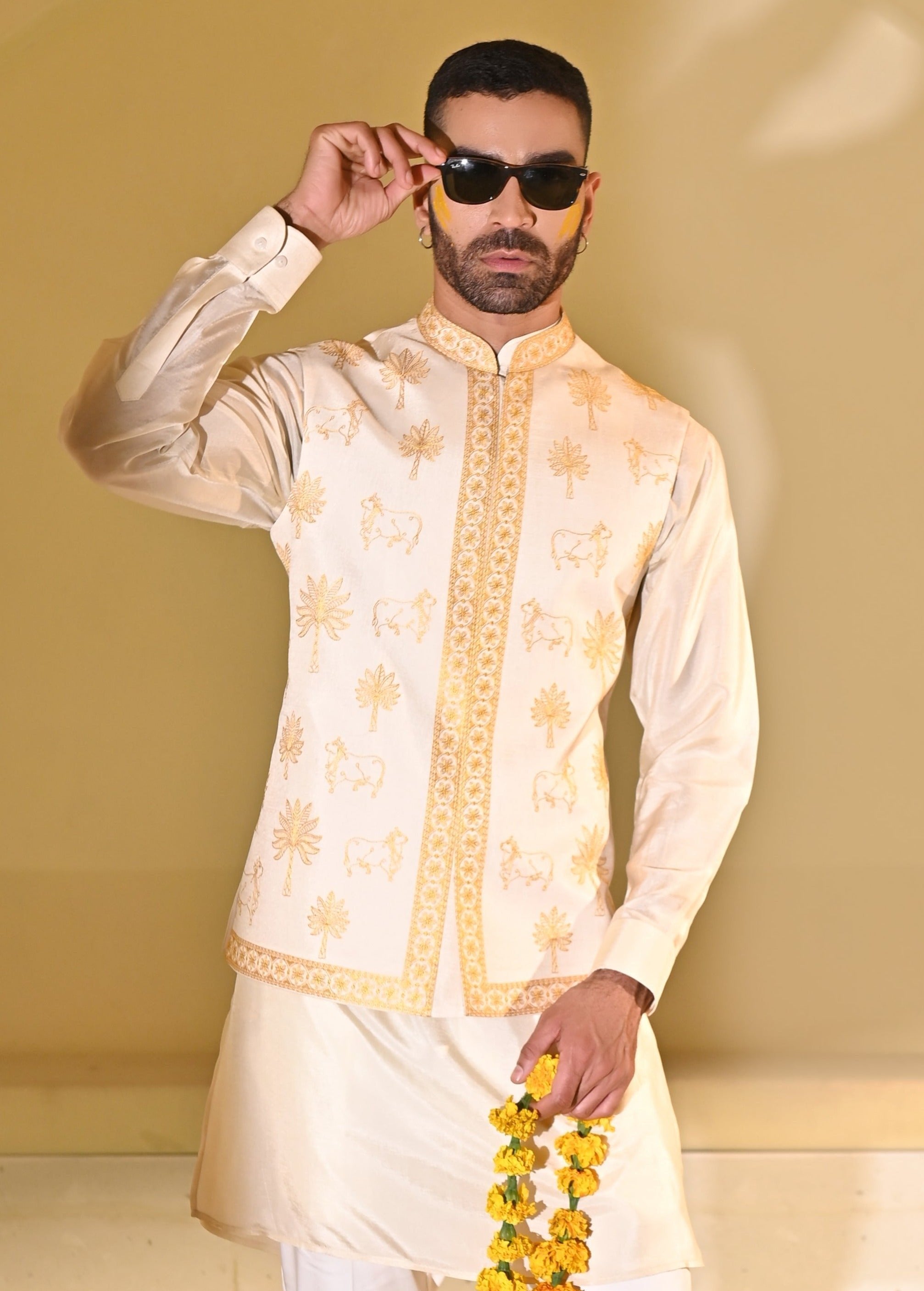 Yellow Embroided Kurta Bundi Set