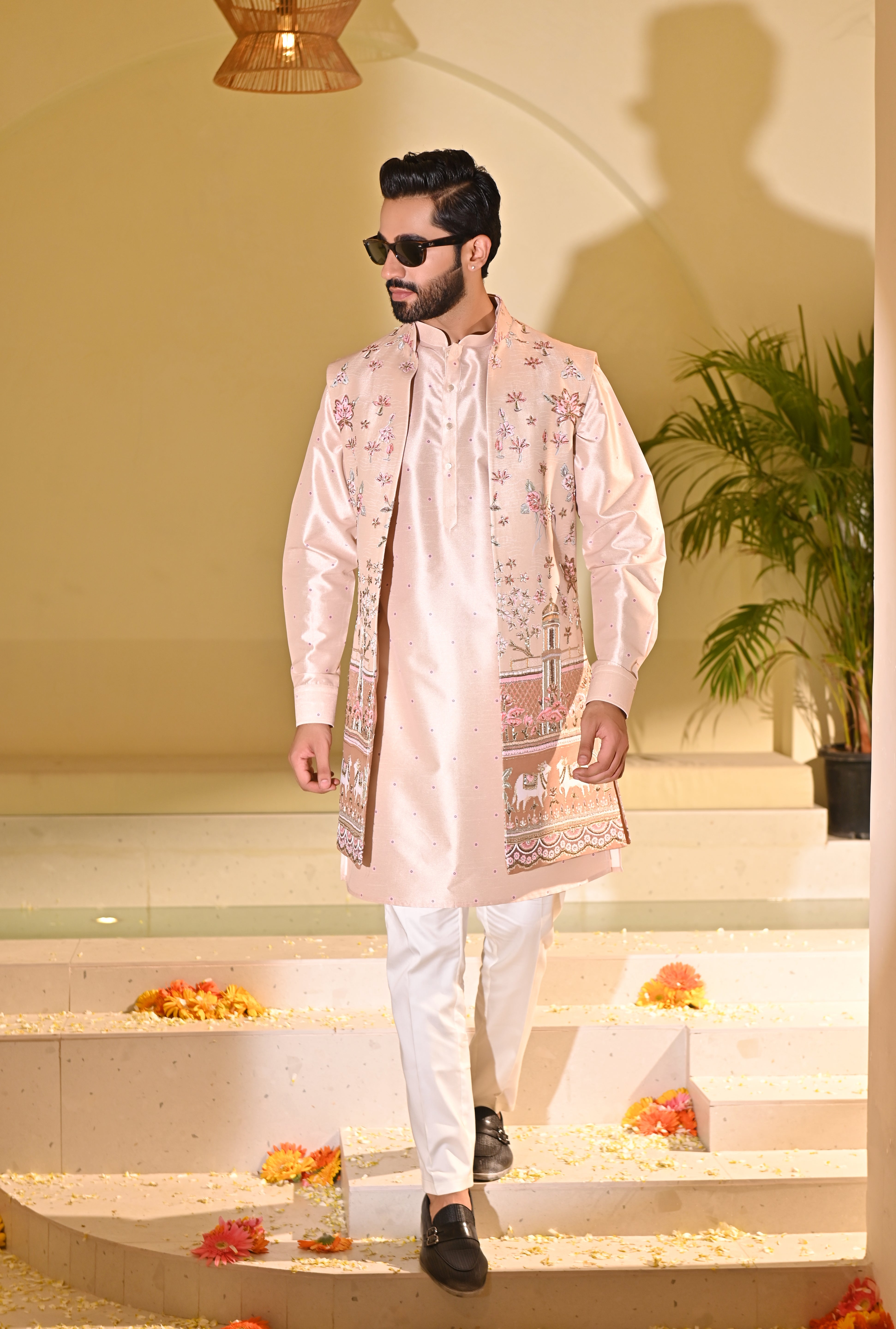 Peach Indo Western with Multi Colored Embroidery