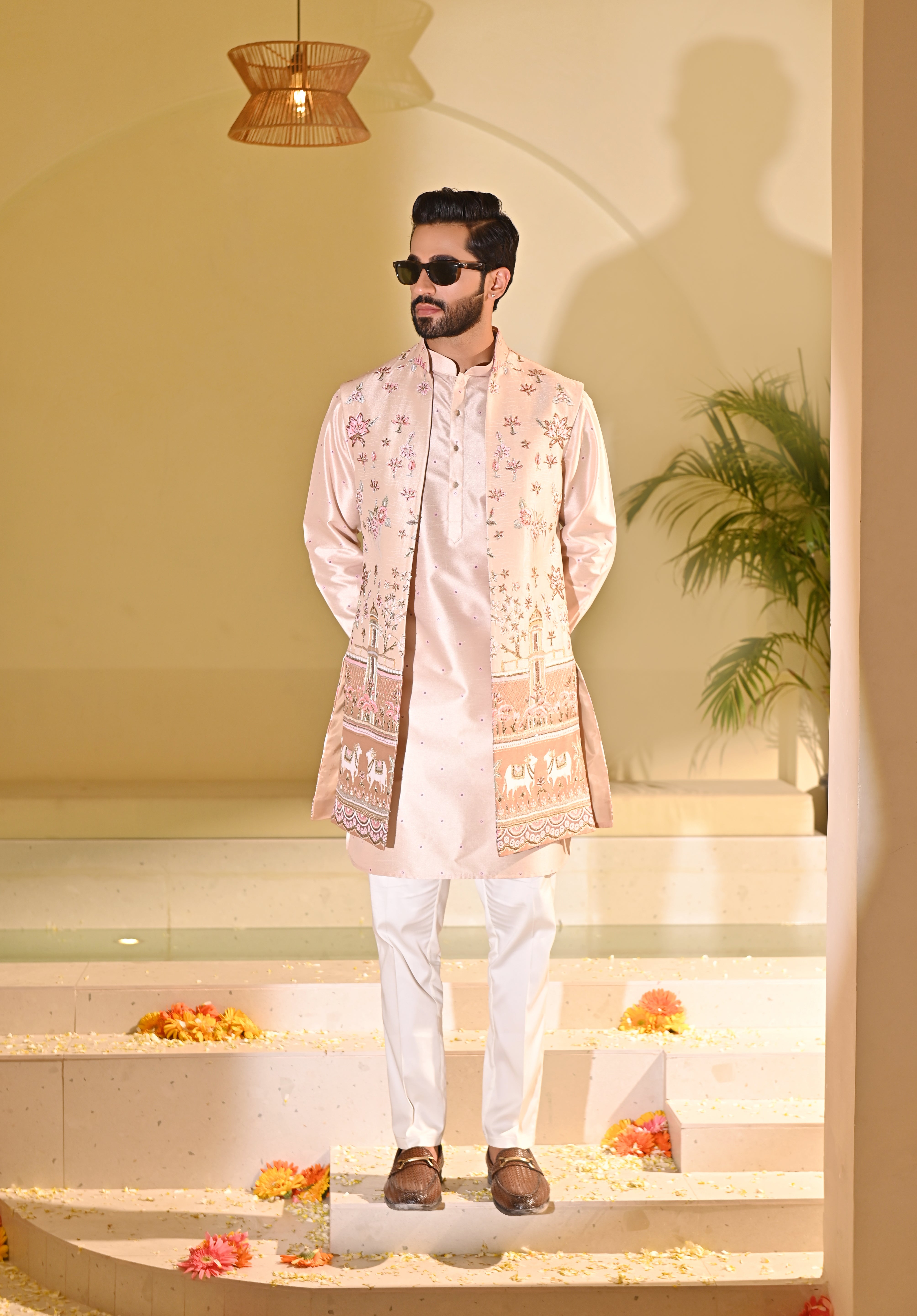 Peach Indo Western with Multi Colored Embroidery