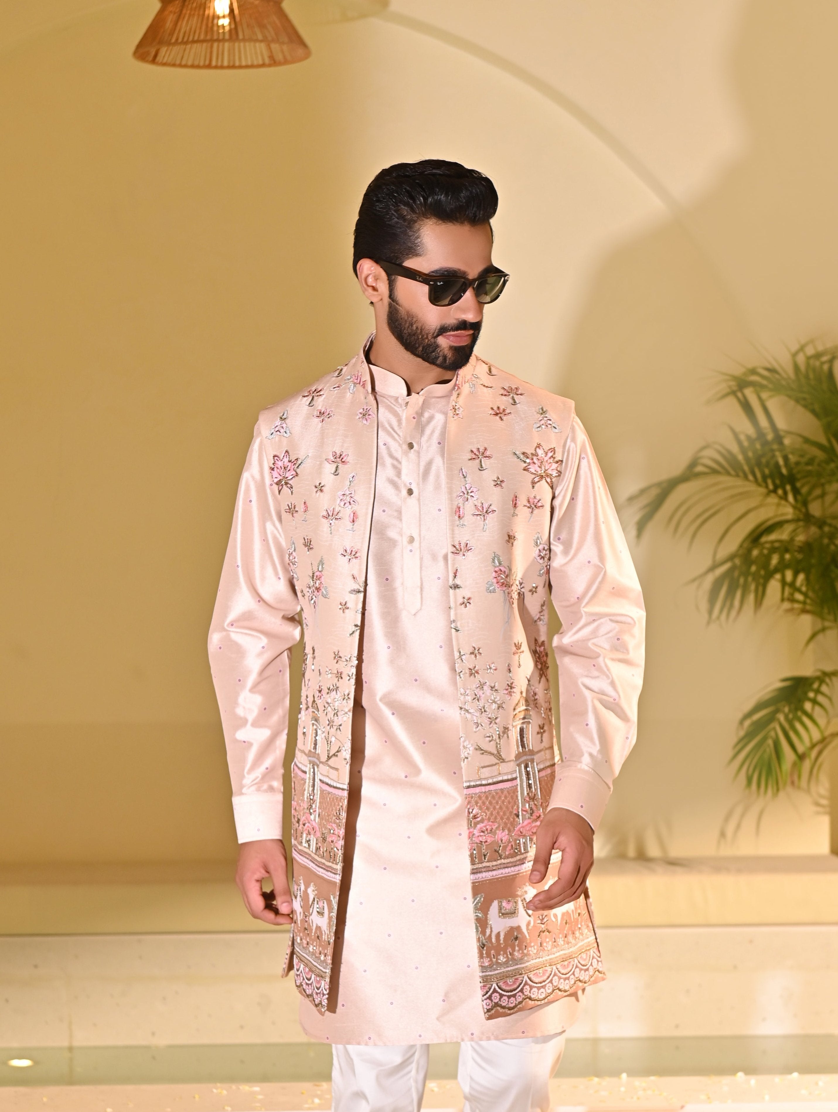 Peach Indo Western with Multi Colored Embroidery