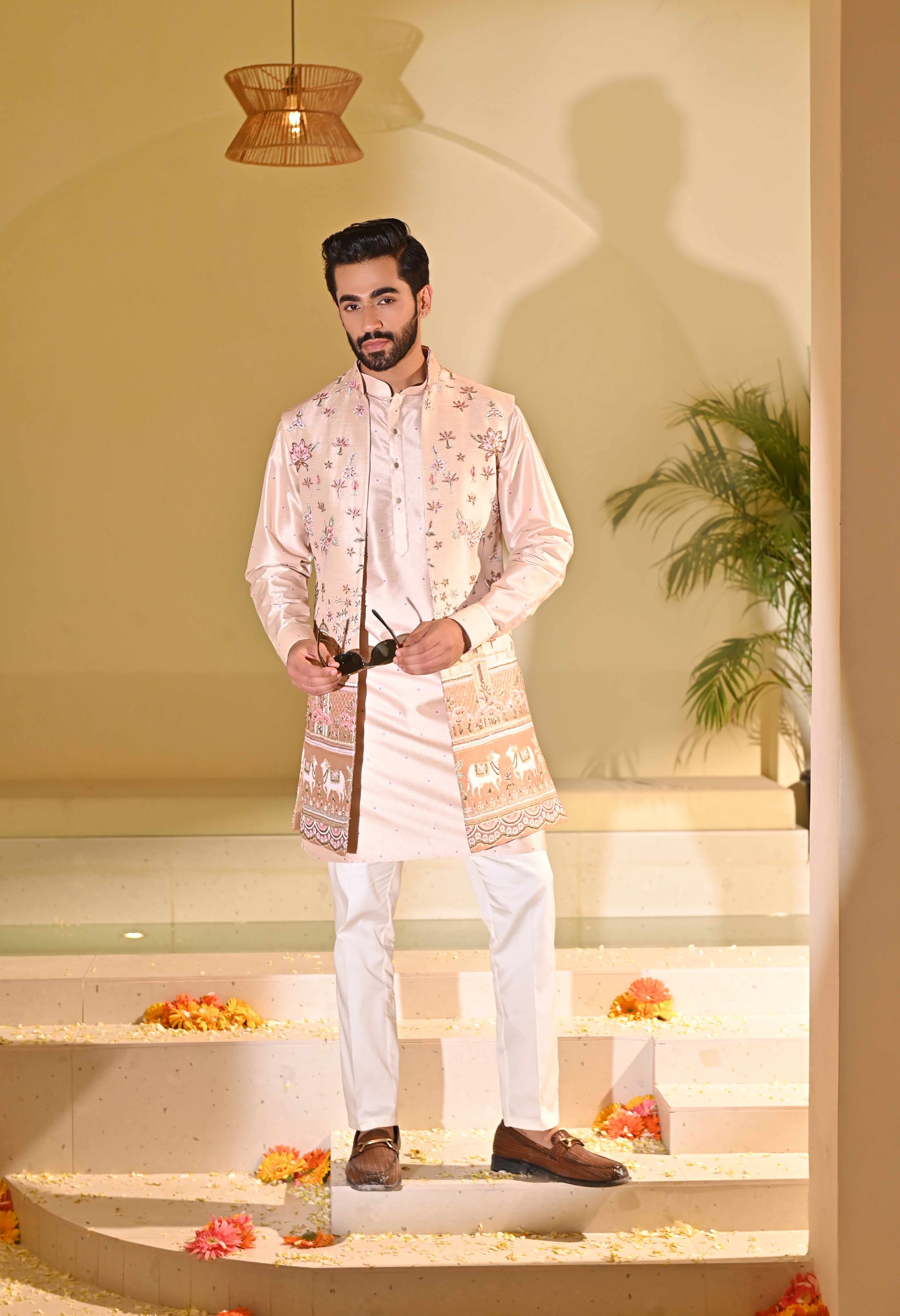 Peach Indo Western with Multi Colored Embroidery