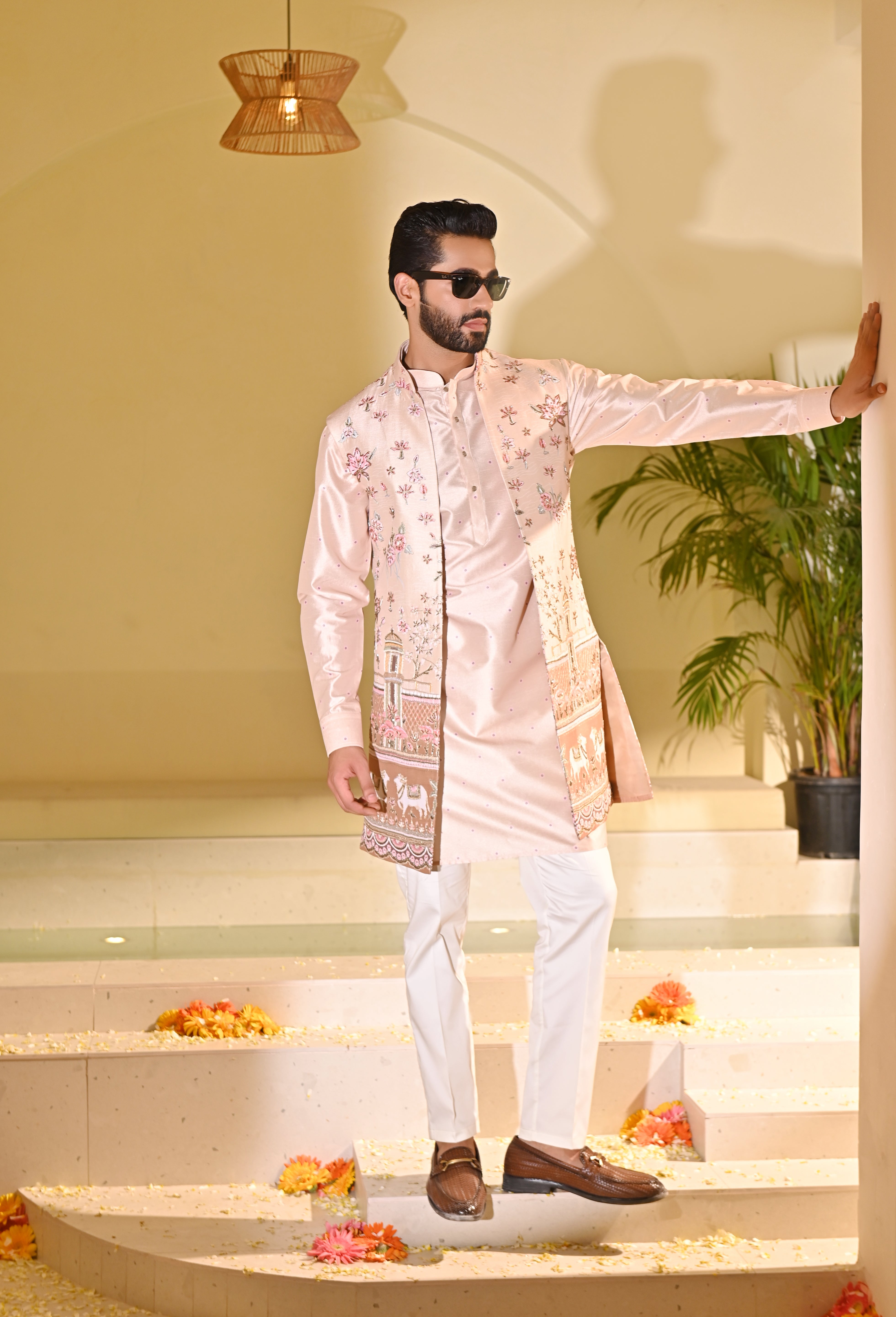 Peach Indo Western with Multi Colored Embroidery