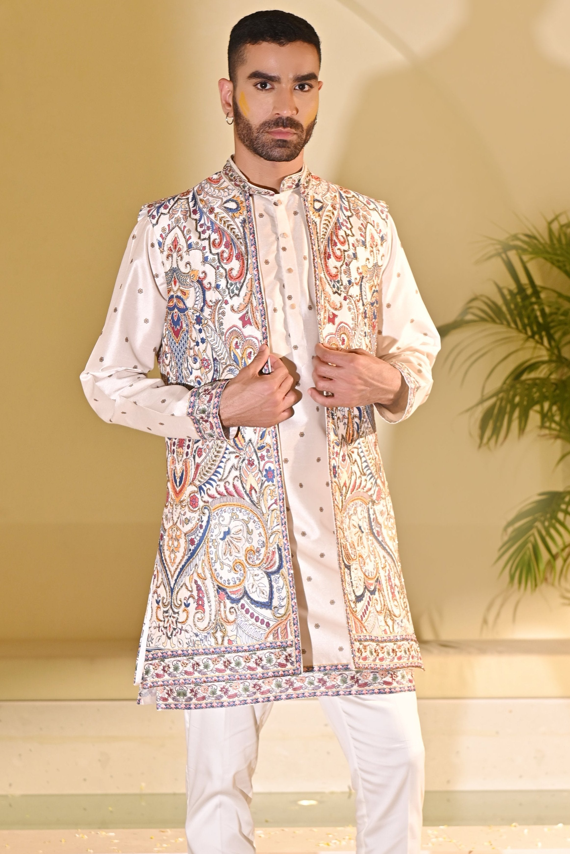 Off-white Indo Western with Multi Colored Embroidery