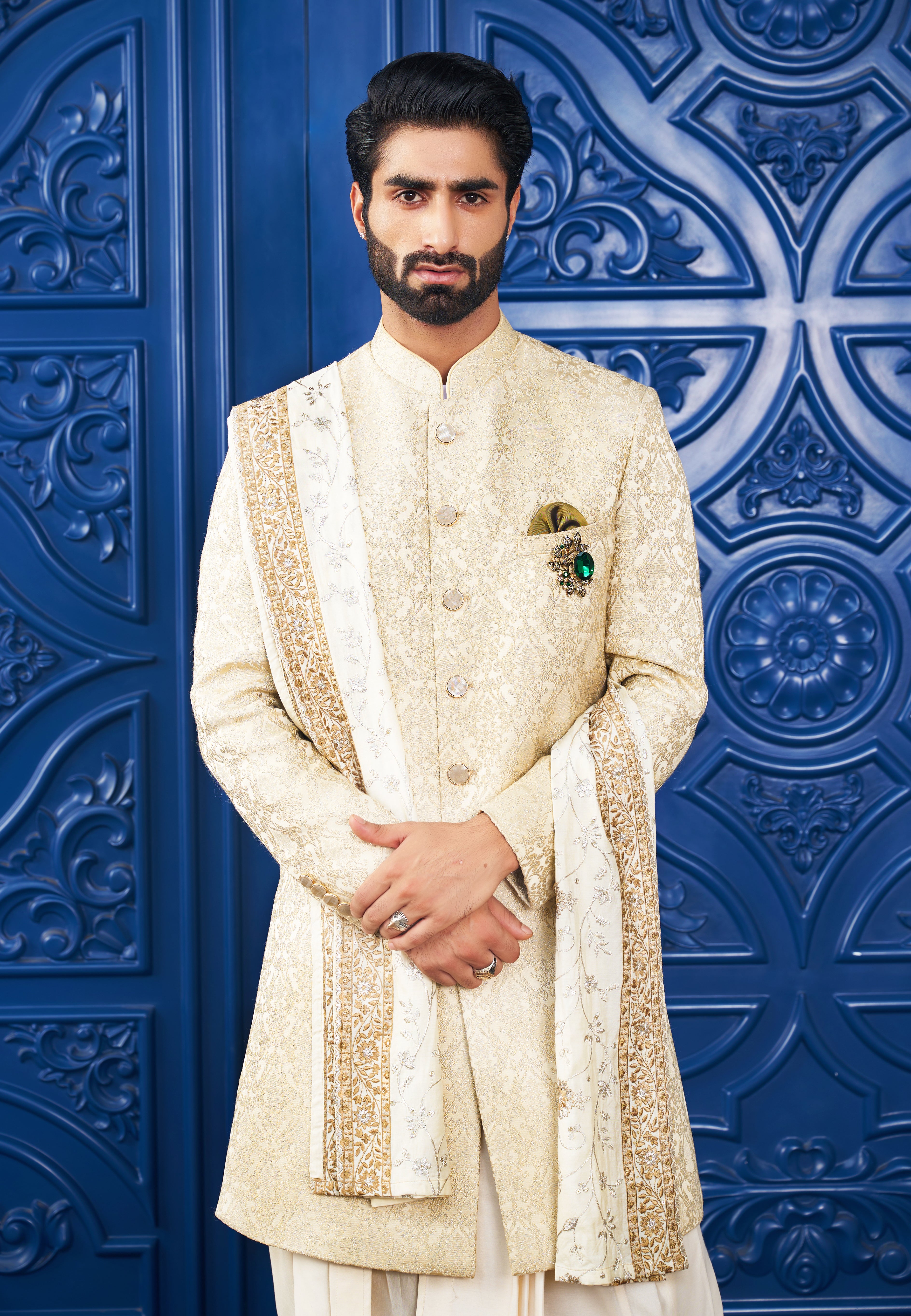 Yellow Embroidered Jacquard Indo-Western with Dupatta