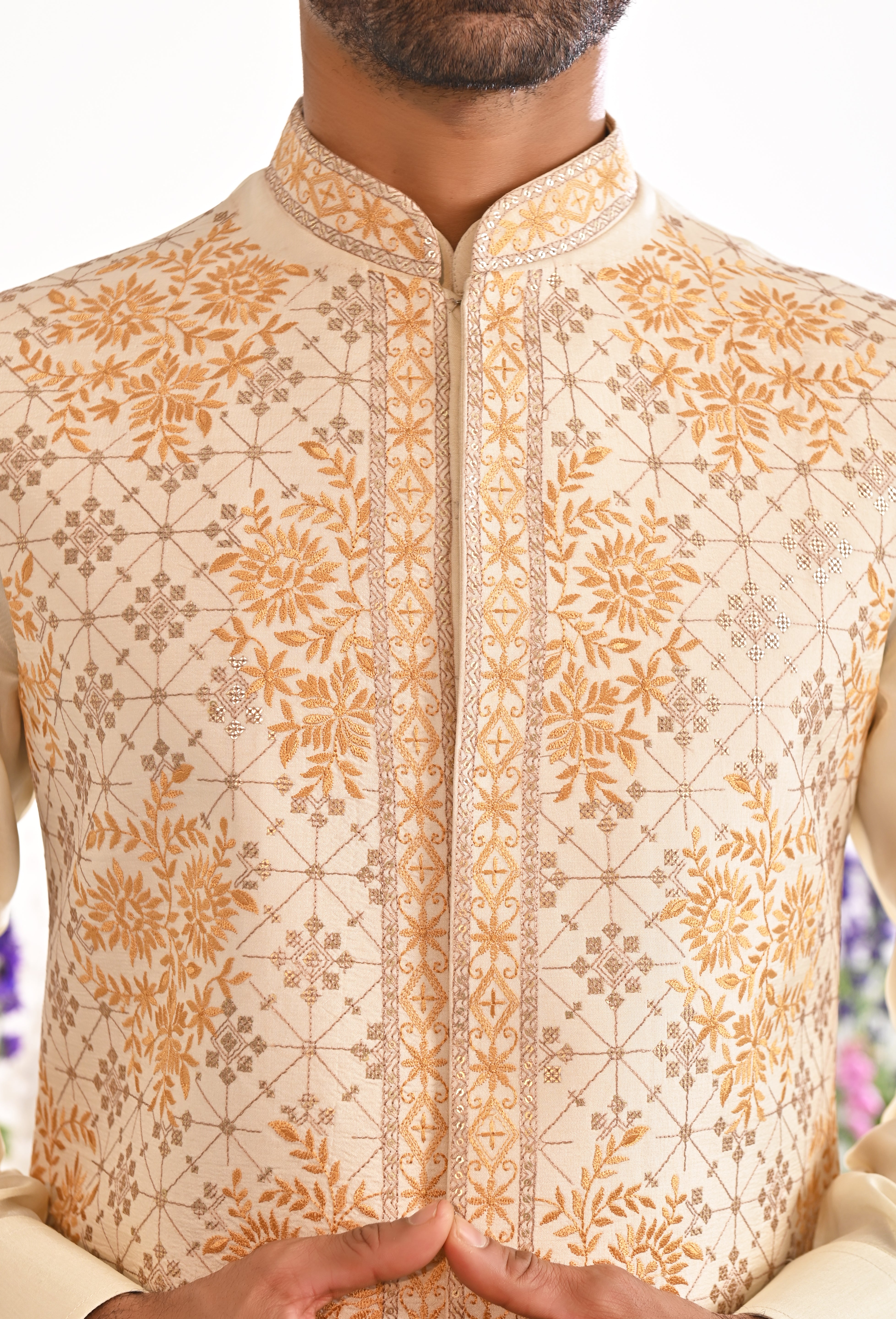 Yellow and Beige Embroidered Kurta Jacket Set