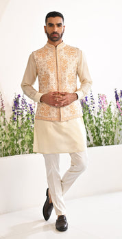 Yellow and Beige Embroidered Kurta Jacket Set