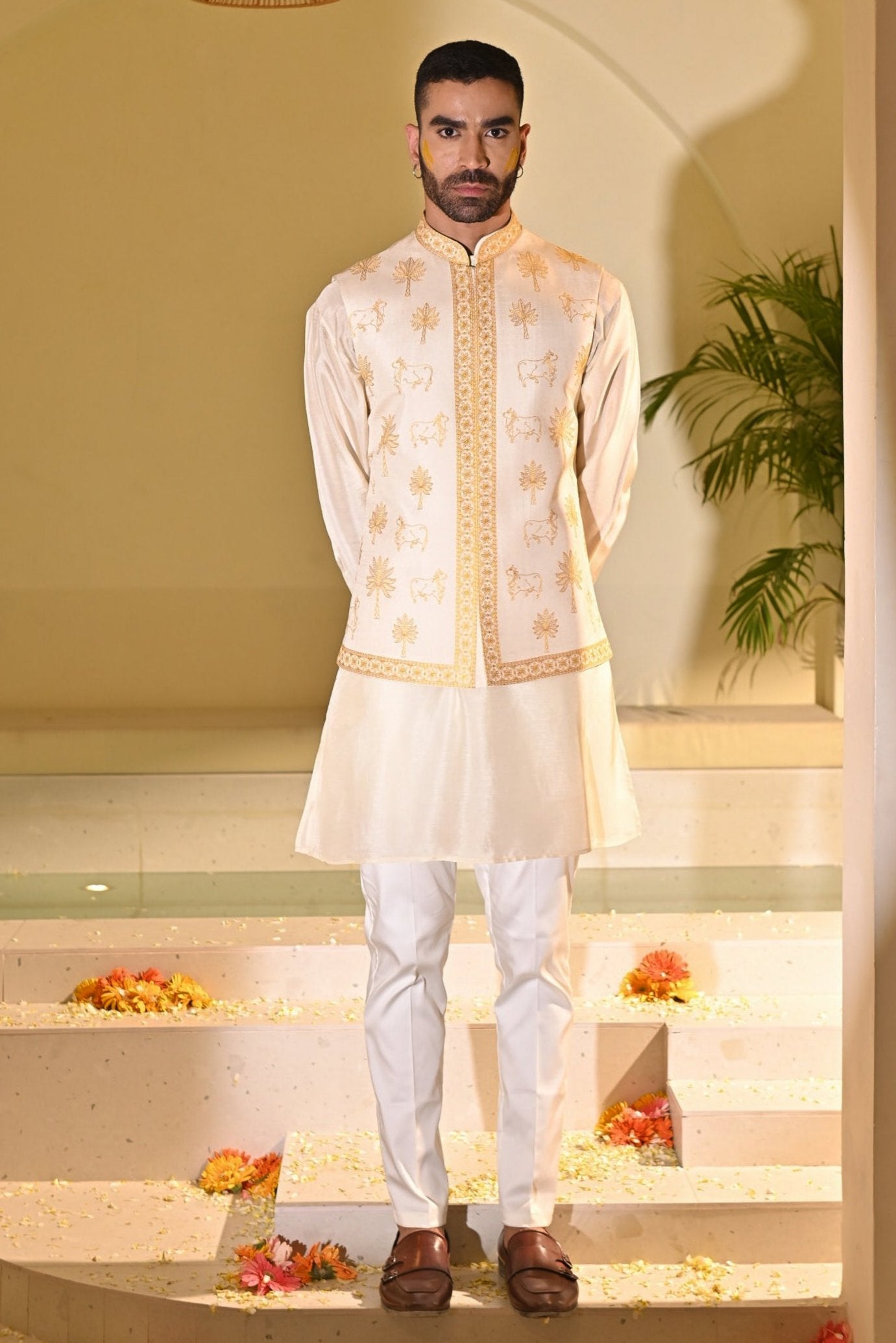 Yellow Embroidered Kurta jacket Set