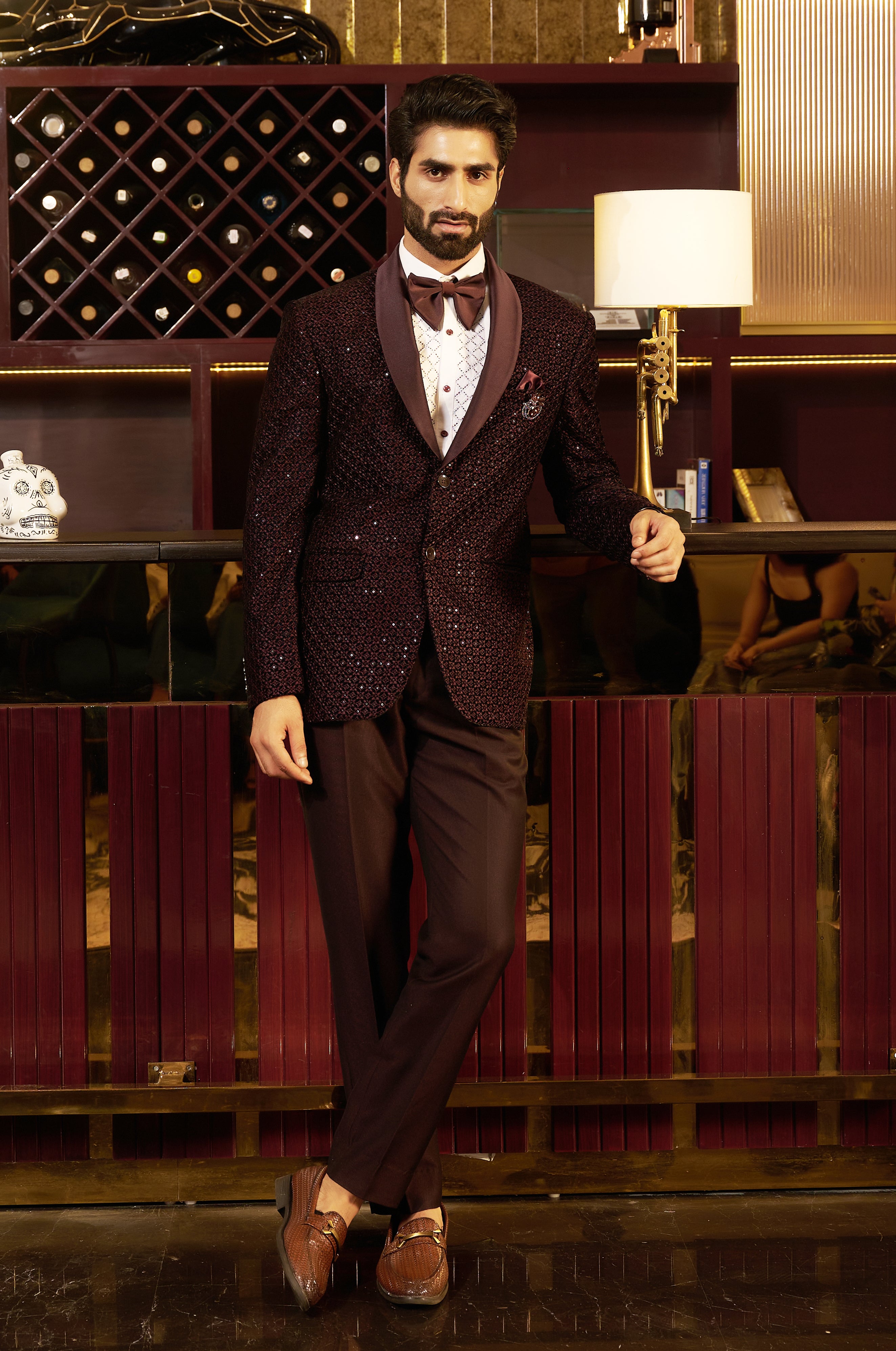 Versatile Wine Velvet Embroidered Suit, Suitable for Various Occasions
