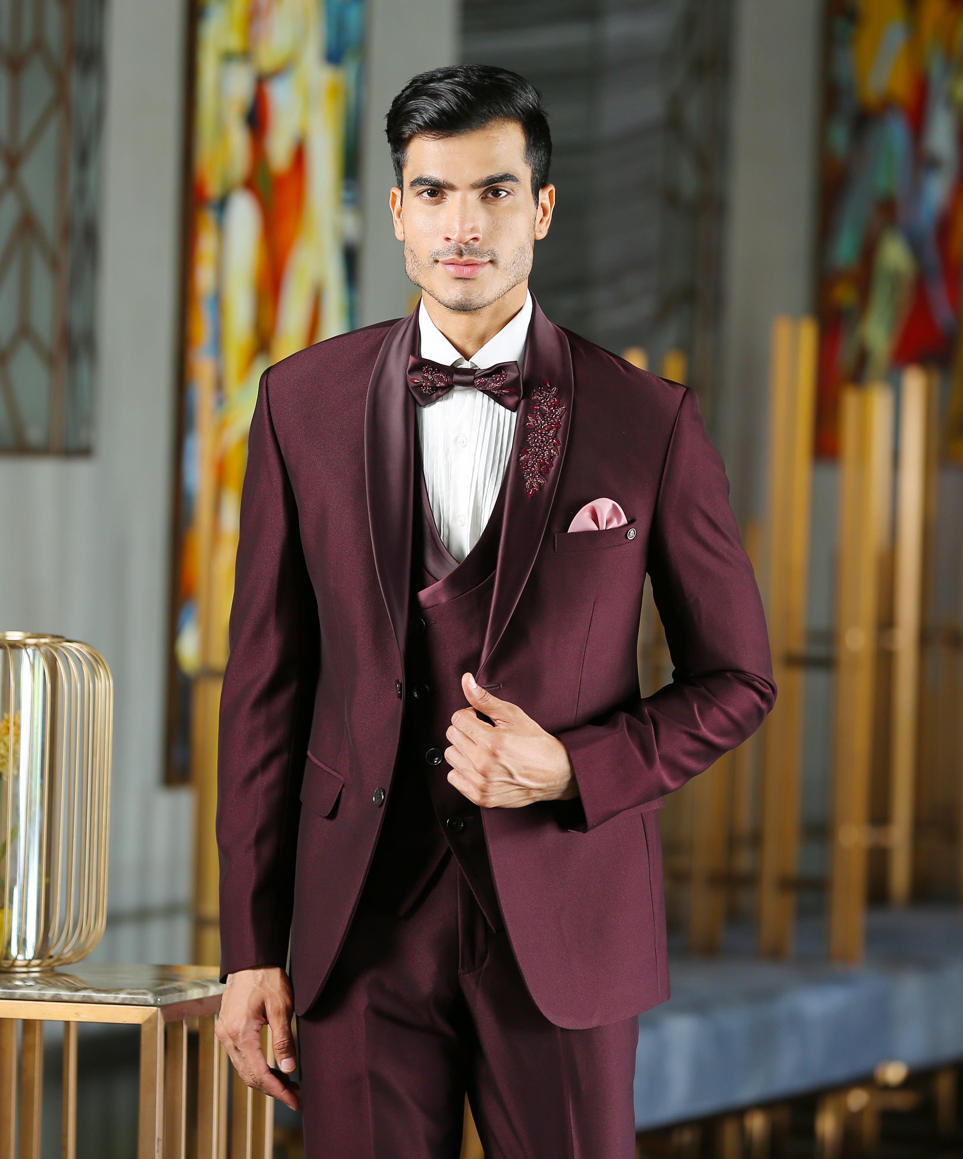 Modern Men's Fashion
Trendy Wine Designer Suit with Embroidered Motif