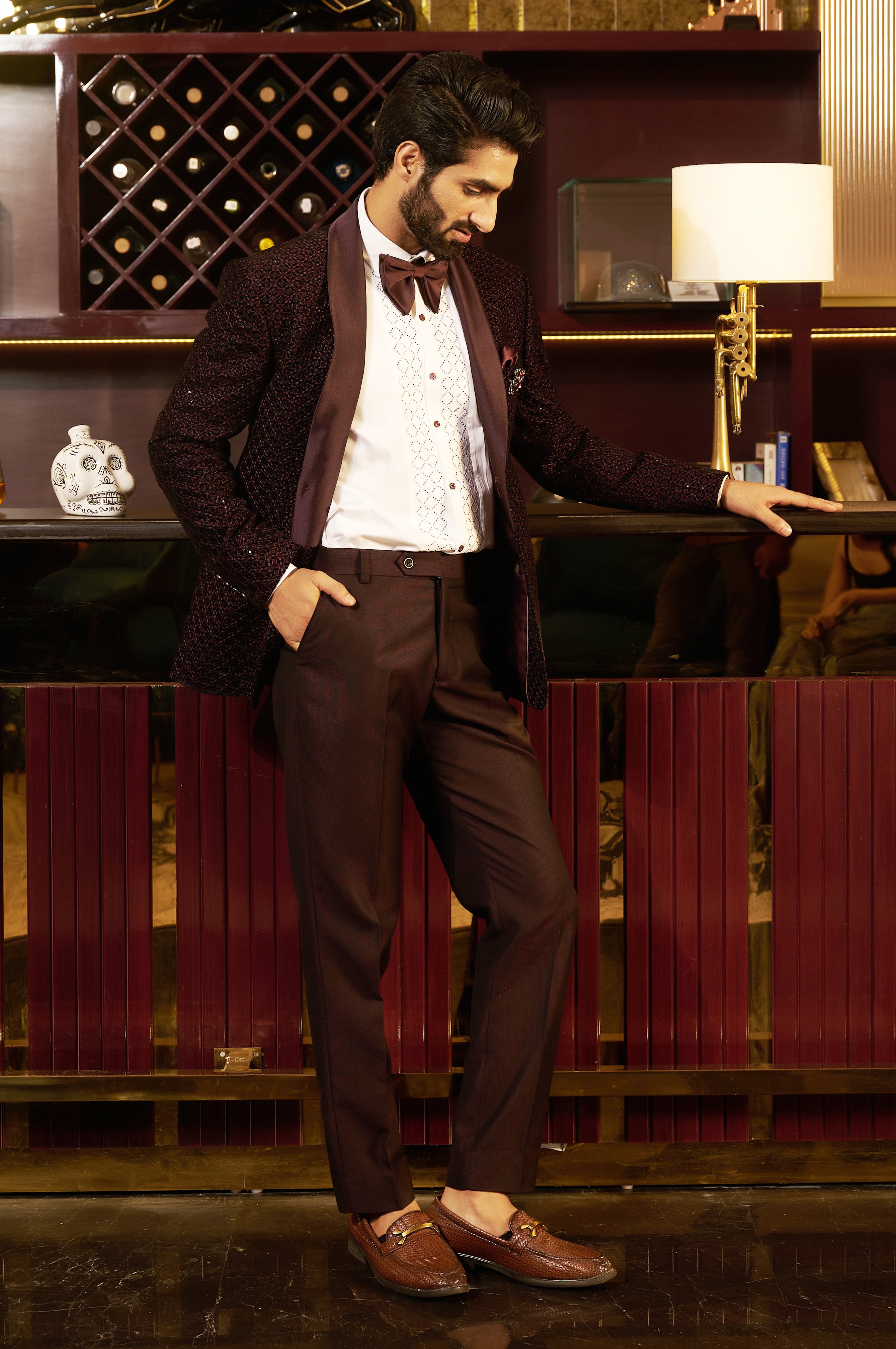 Elegant Wine Velvet Suit, Modern Men's Fashion
