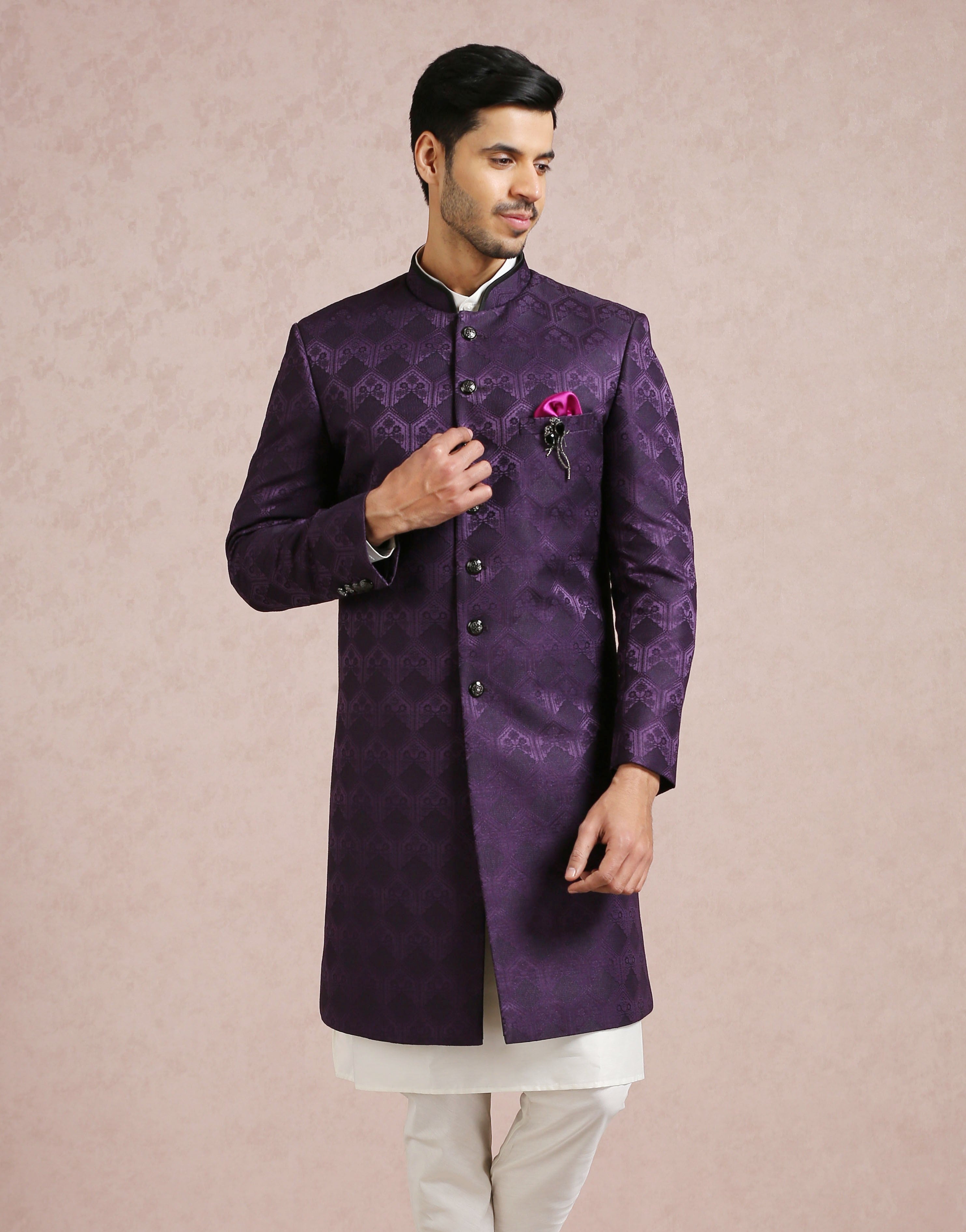 Purple Indo Western in Jacquard Fabric