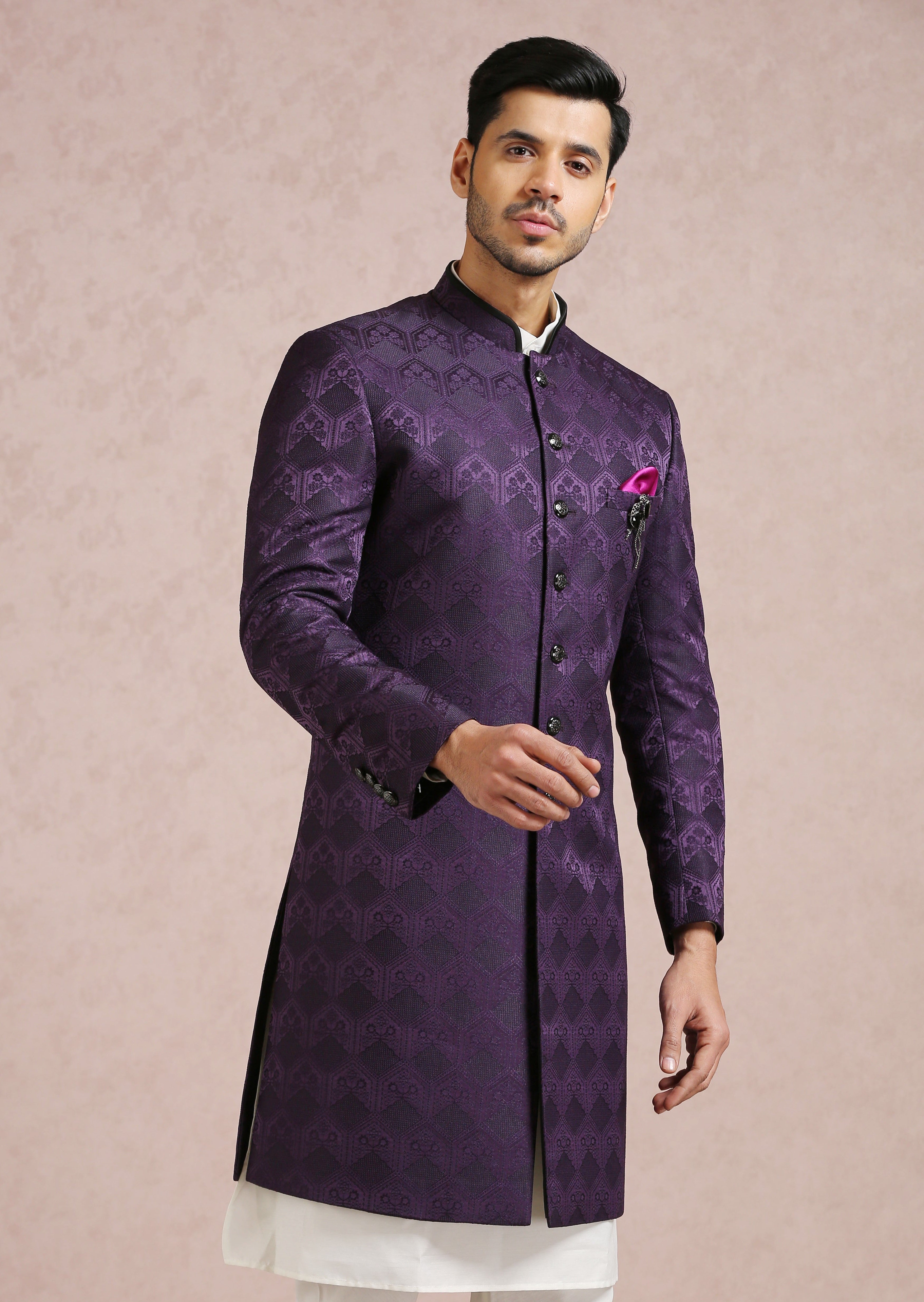 Purple Indo Western in Jacquard Fabric