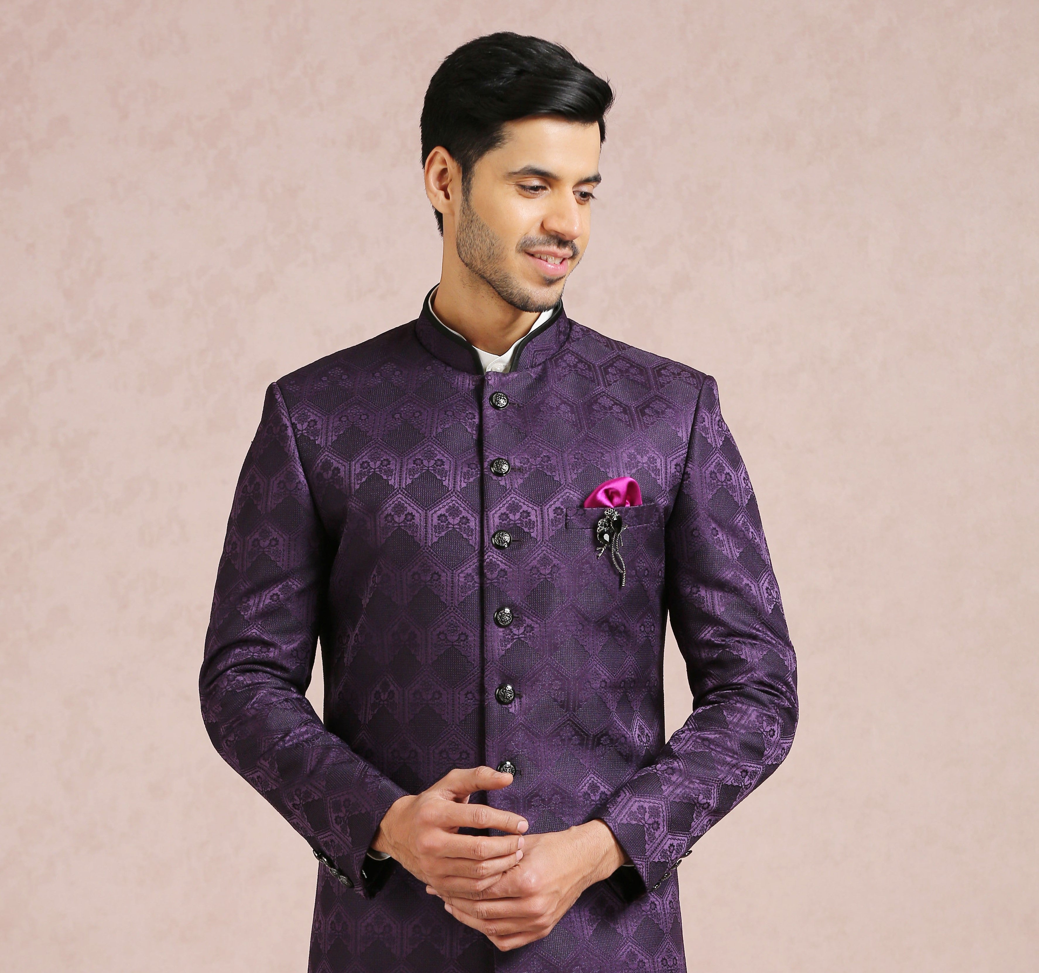 Purple Indo Western in Jacquard Fabric