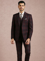 Wine Broad Checked Notch Collar 5 Piece Suit