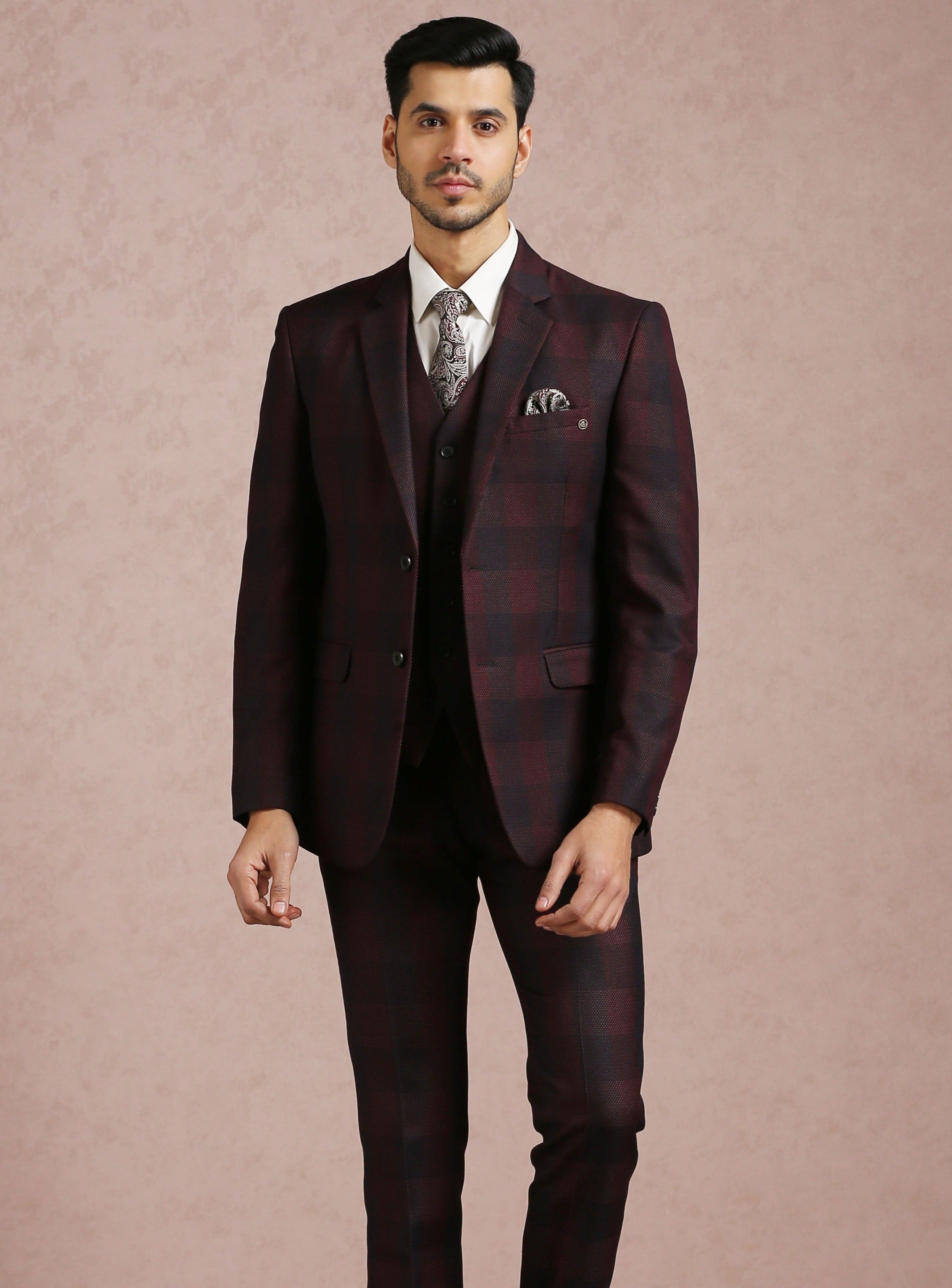 Wine Broad Checked Notch Collar 5 Piece Suit