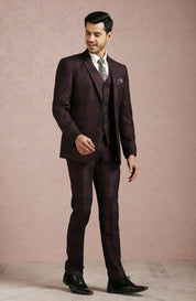 Wine Broad Checked Notch Collar 5 Piece Suit