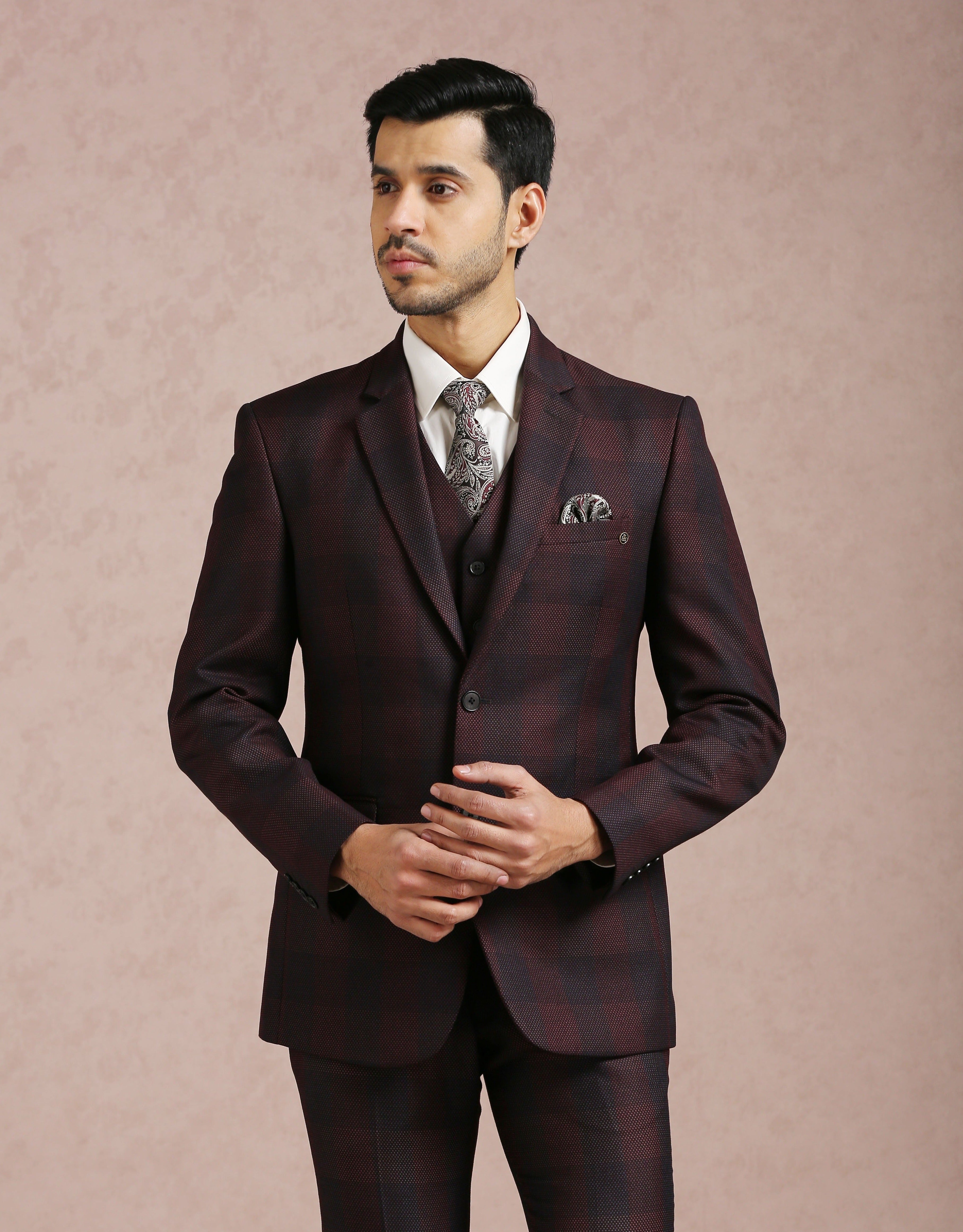 Wine Broad Checked Notch Collar 5 Piece Suit