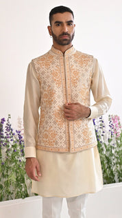 Yellow and Beige Embroidered Kurta Jacket Set