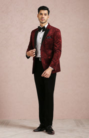 Stylish Maroon Velvet Suit with Printed Design - Perfect for Weddings and Formal Occasions
