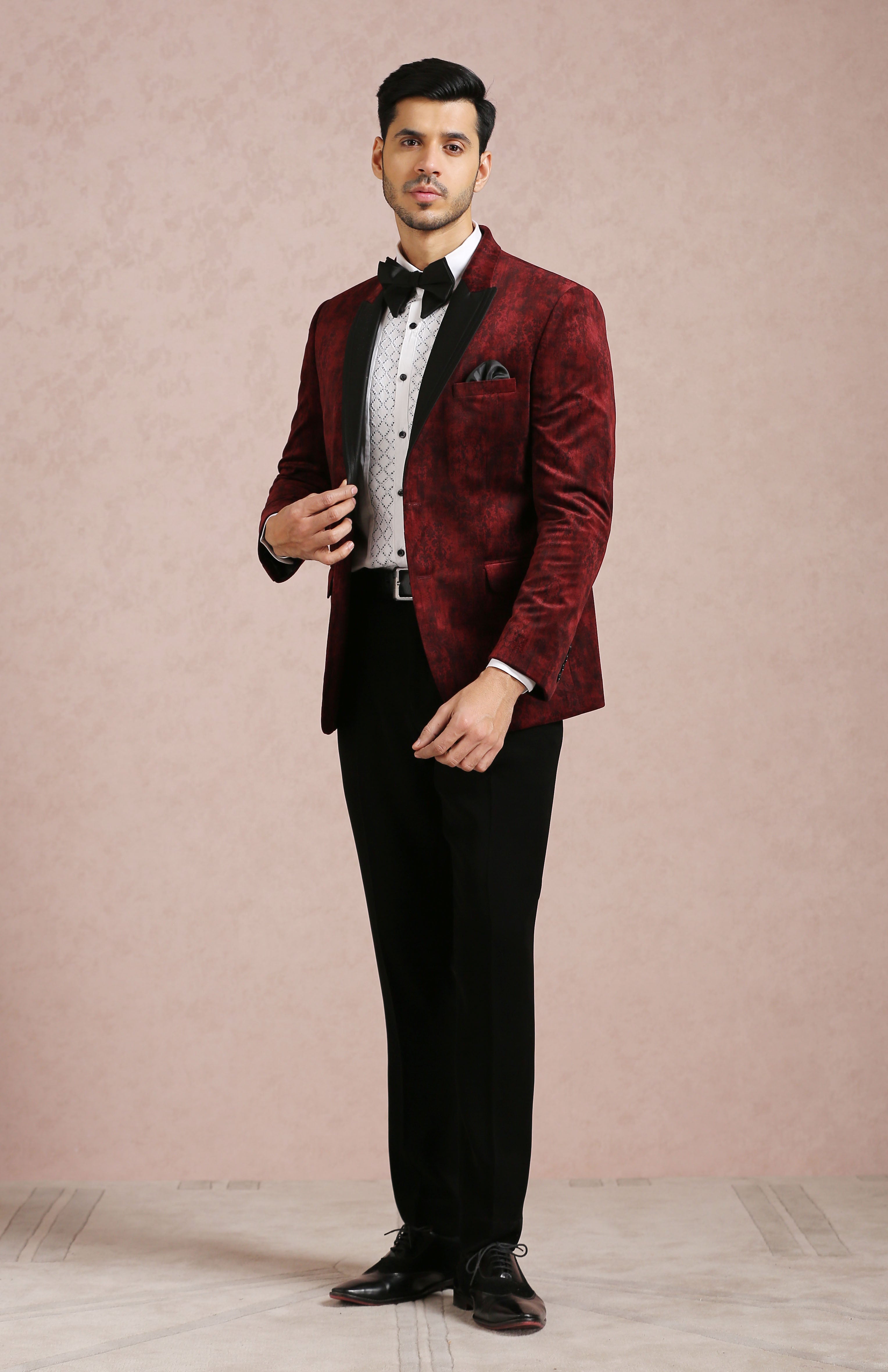 Stylish Maroon Velvet Suit with Printed Design - Perfect for Weddings and Formal Occasions
