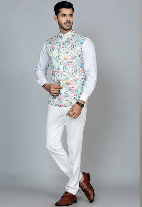 Buy Cream Fall Floral Printed Jacket Online in the USA @Manyavar - Nehru  Jacket for Men