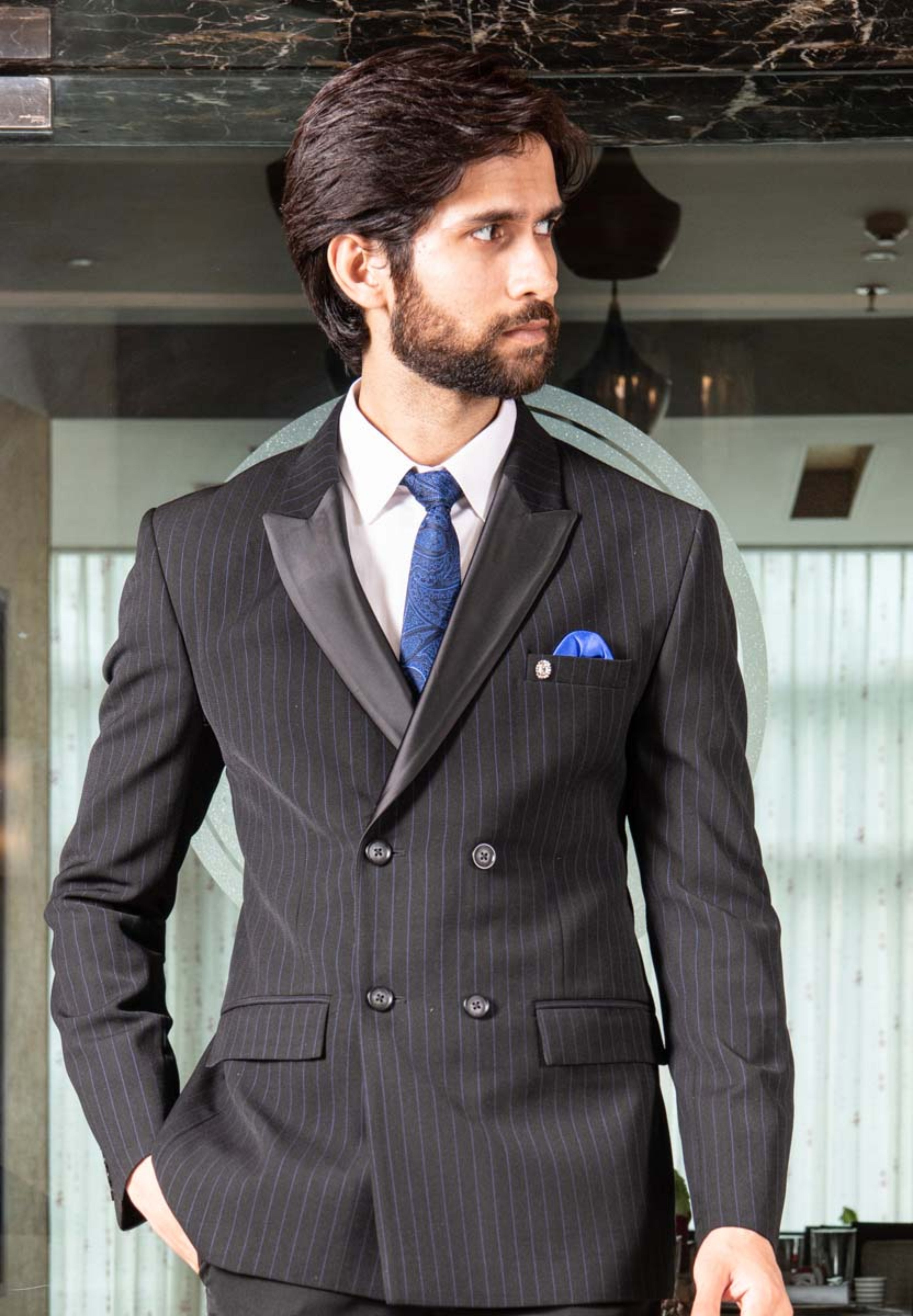 Dark Blue Double-Breasted Stripe Suit