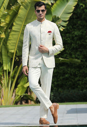 Cream Jacquard Bandhgala Suit