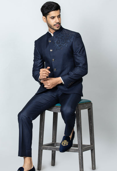 Designer Navy Blue Bandhgala Suit – Bonsoir