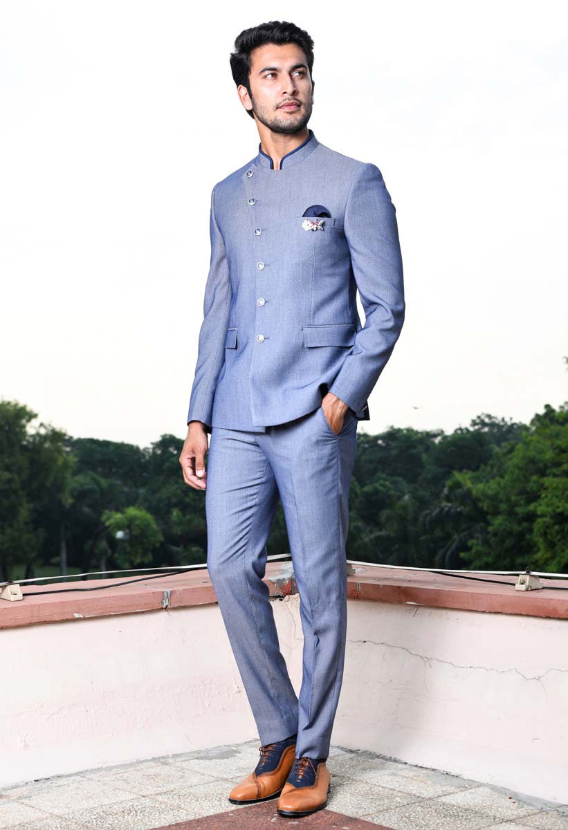 Angrakha Style Blue Bandhgala Suit