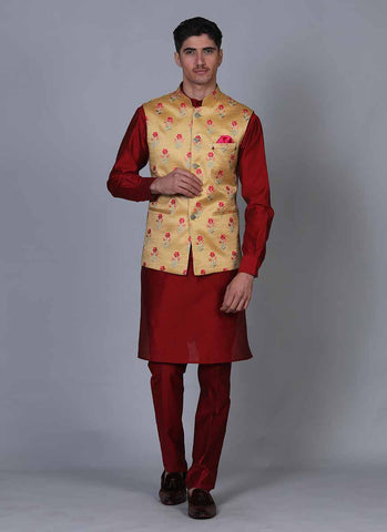 Readymade Red Kurta Pajama With Printed Nehru Jacket 515MW06