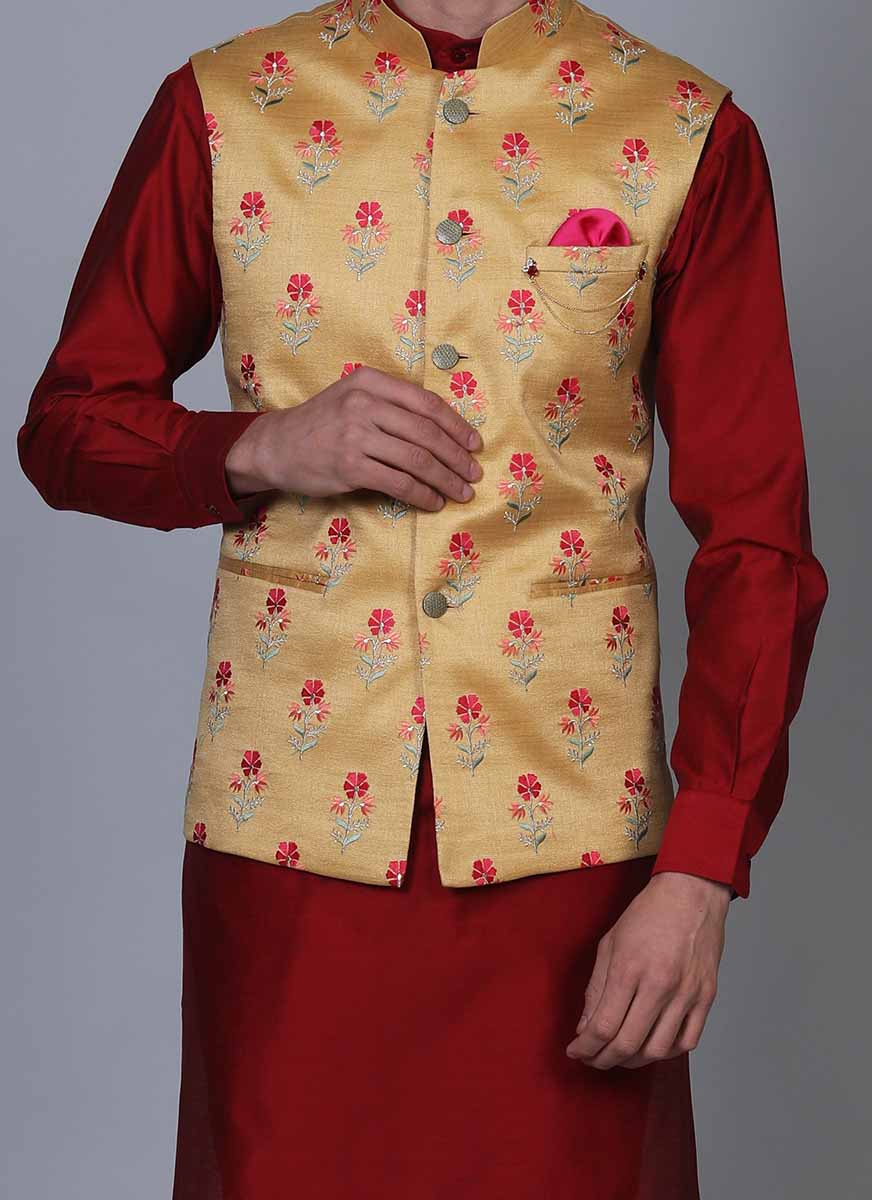 Men's Red & Gold Ethnic Motifs Kurta with Pyjamas & Nehru Jacket