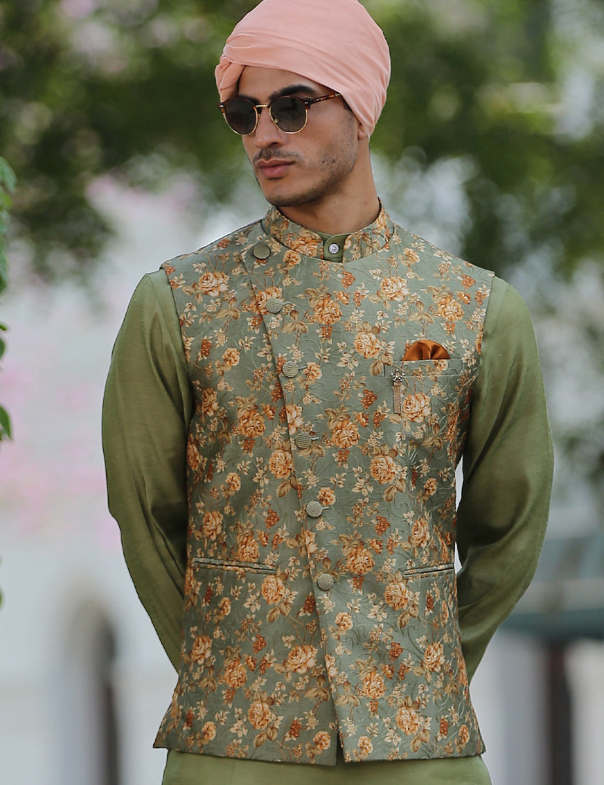 green kurta jacket set