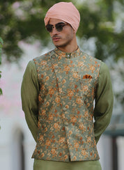 Embroidered Kurta Jacket Set Green