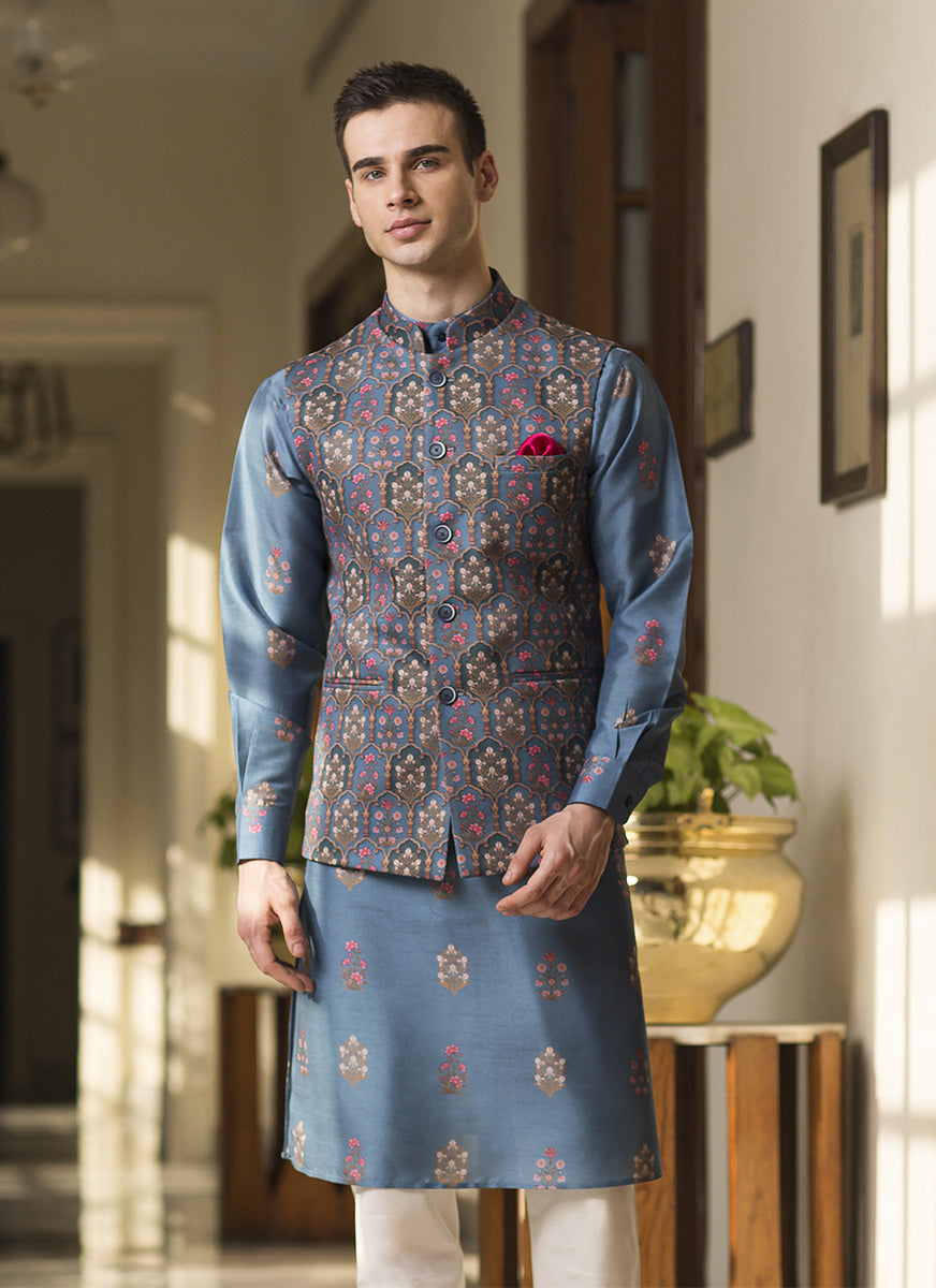 Printed Kurta Jacket Set Blue