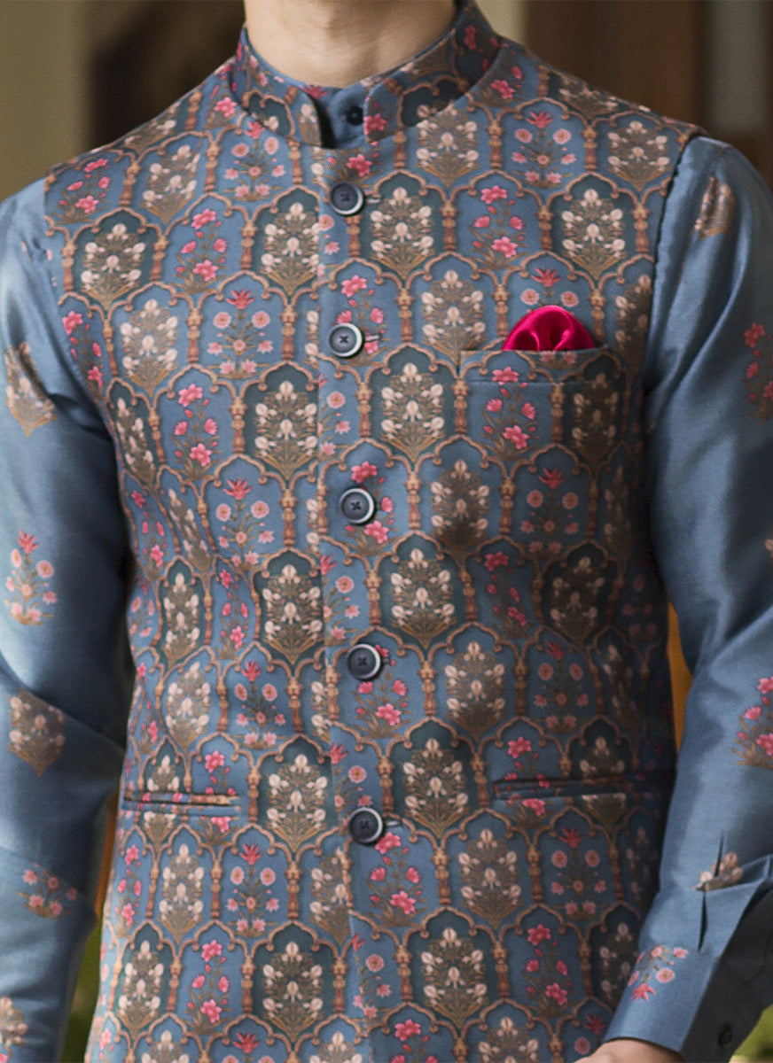 Printed Kurta Jacket Set Blue