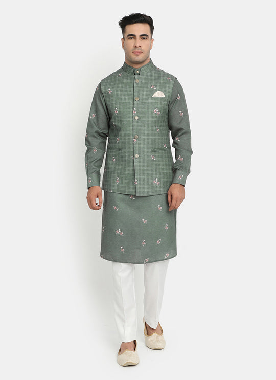 Woven Art Silk Jacquard Nehru Jacket in Light Green : MLY1647