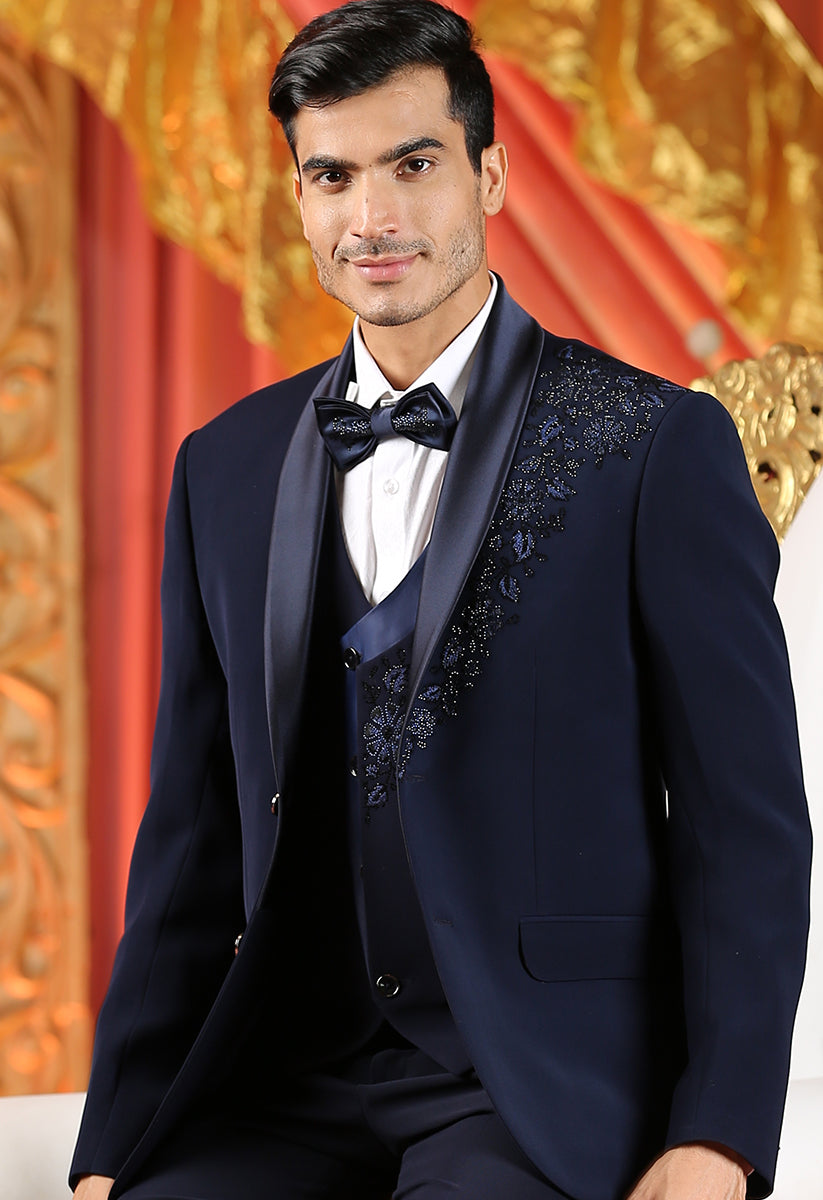 Embroidered Blue Tuxedo Double Breasted Satin Design Suit – Bonsoir